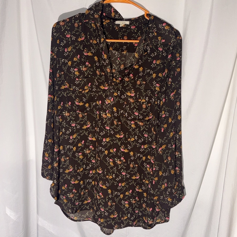 Pleione Top Womans Sz Med Brown Floral 3/4 Sleeve Button Up Boho Sheer Casual